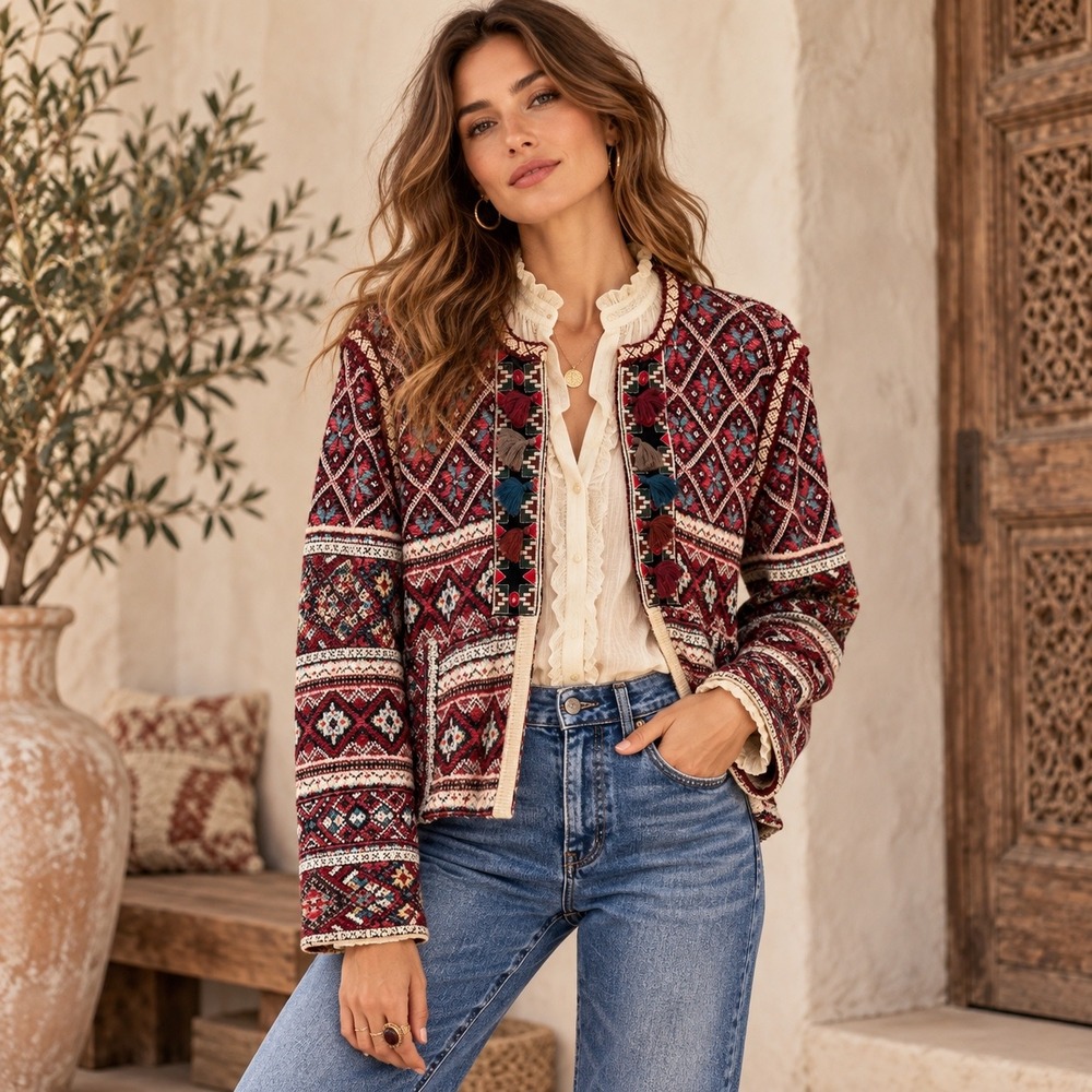 Peck & Peck Tapestry Cardigan Jacket Womens L Red Boho Southwestern Knit Wool